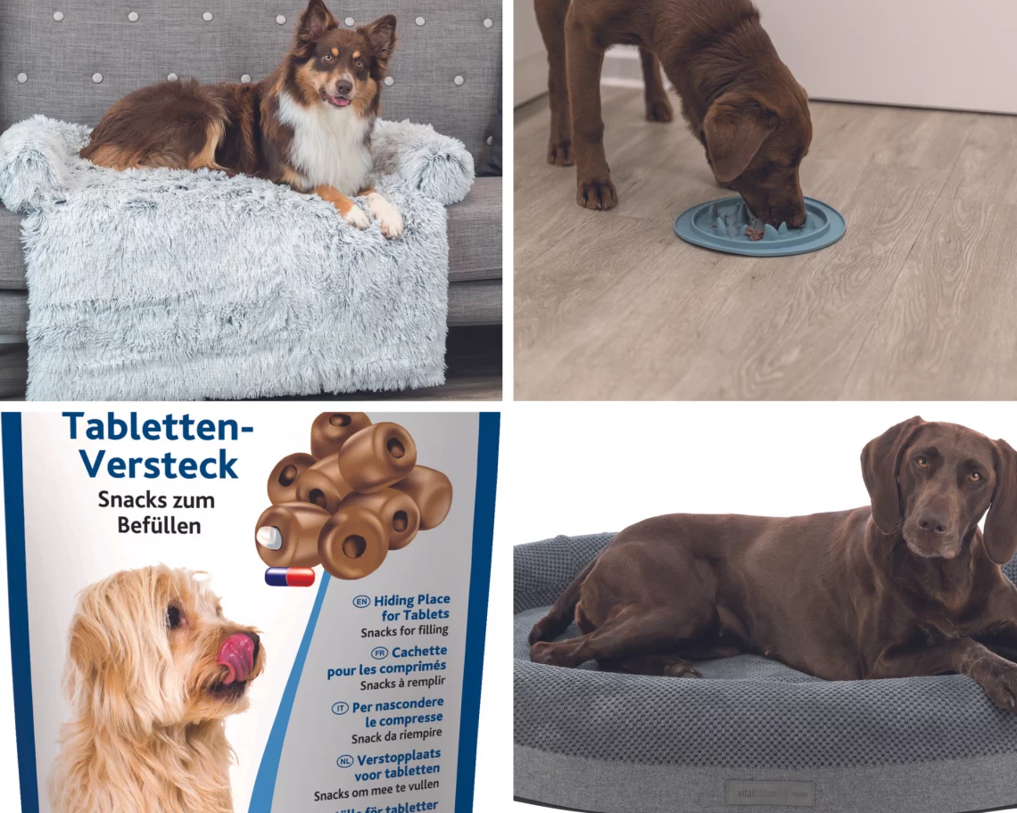 A collage of the new items, including pillows, beds, slow feeders and a pack of pill pockets